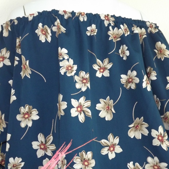 Mid Sleeved Off Shoulder Blue&Brown Floral Blouse - Picture 8 of 8